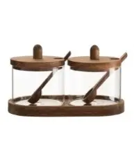 Acacia Stand Lidded Spooned Double Spice Jar Set
